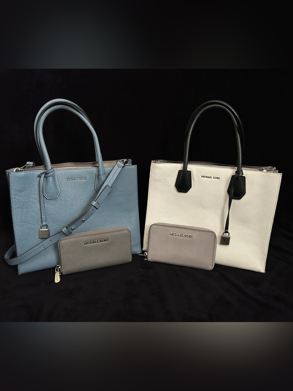 MICHAEL KORS Blue and Cream Leather Tote Duo with Gray Wallets